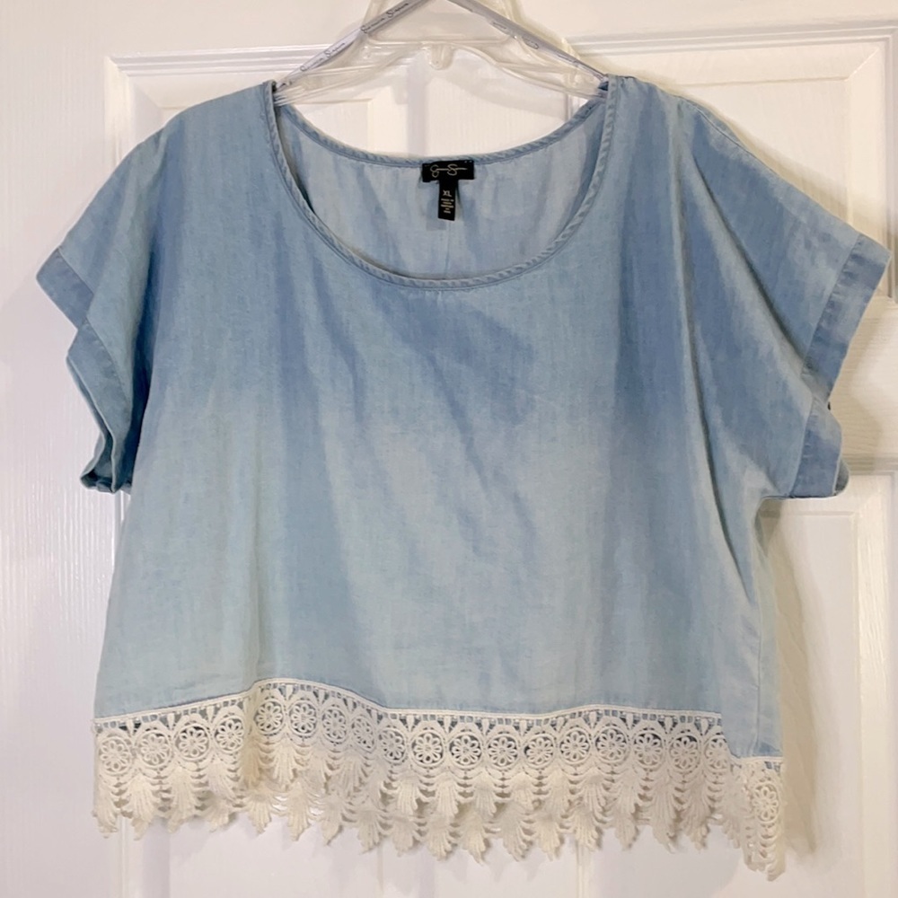 Jessica Simpson Light Blue Denim-Look Crop Top with White Lace Trim